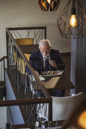 Téléchargez les photos : Homme d'affaires senior en pause déjeuner dans un restaurant, manger et lire les termes du nouveau contrat d'affaires - en image libre de droit