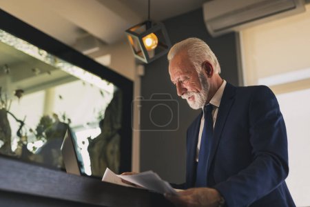 Foto de Hombre de negocios sénior en una oficina moderna trabajando en una computadora portátil y analizando contratos y documentación, seria y pensativa - Imagen libre de derechos