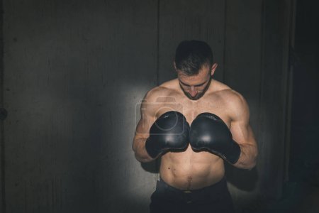 Téléchargez les photos : Convient boxeur musclé portant des gants de boxe, se préparant pour une compétition - en image libre de droit