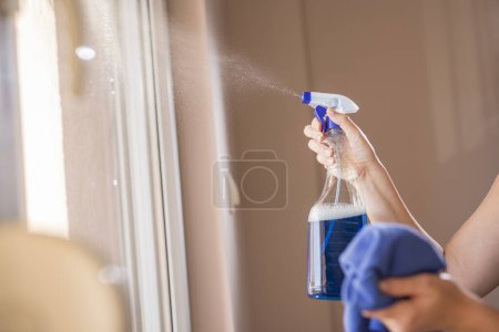 Téléchargez les photos : Détail des mains féminines essuyant les fenêtres avec un spray nettoyant et un chiffon ; aide ménagère essuyant les fenêtres - en image libre de droit