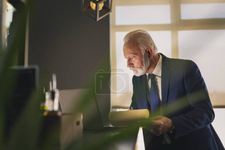 Téléchargez les photos : Homme d'affaires senior dans un bureau moderne travaillant sur un ordinateur portable et prenant des notes, coûteux et sérieux - en image libre de droit