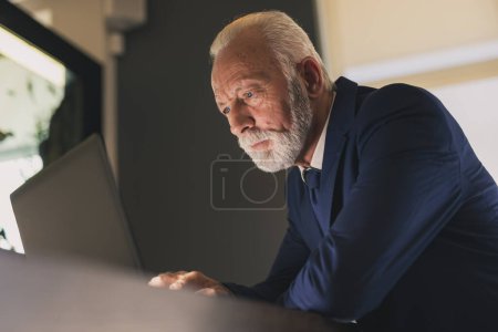 Téléchargez les photos : Homme d'affaires senior dans un bureau moderne travaillant sur un ordinateur portable, coûteux et sérieux - en image libre de droit