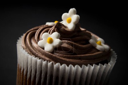 Téléchargez les photos : Gros plan d'un cupcake au chocolat joliment décoré isolé sur fond noir - en image libre de droit