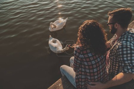 Foto de Vista de ángulo alto de pareja joven enamorada sentada en los muelles del lago, abrazando, alimentando cisnes y disfrutando de un hermoso día soleado en la naturaleza - Imagen libre de derechos