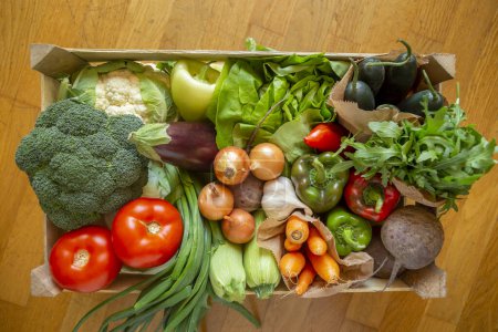 Foto de Vista superior de la caja de madera llena de una amplia variedad de verduras orgánicas frescas acaba de entregar a la dirección del hogar - Imagen libre de derechos