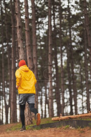 Téléchargez les photos : Homme actif courant dans le parc par une journée d'automne nuageuse - en image libre de droit