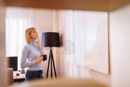 Photo for Young business woman working in an office, standing in front of white board, brainstorming and planning new project - Royalty Free Image