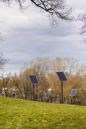 Foto de Paneles solares en una fila que alimentan las luces de las calles del parque como parte de un proyecto para popularizar fuentes alternativas de energía renovable y energía verde - Imagen libre de derechos
