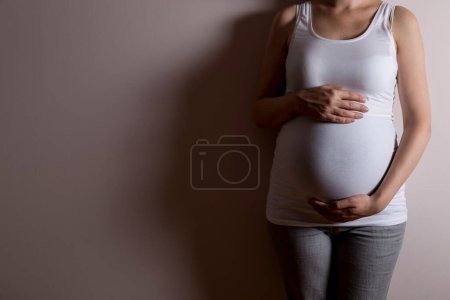 Photo for Close up of a pregnant woman, standing isolated on grey background, holding protective and gently her belly - Royalty Free Image