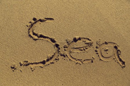 Téléchargez les photos : Mot mer écrit à la main dans le sable sur la plage - en image libre de droit