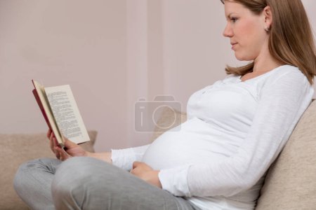 Photo for Beautiful pregnant woman sitting on a couch in a living room and reading a book - Royalty Free Image