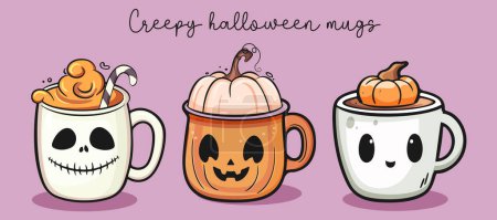 Happy Halloween Set von niedlichen gruseligen Tassen mit Gesichtern. Vektorstockillustration im Cartoon-Stil. 