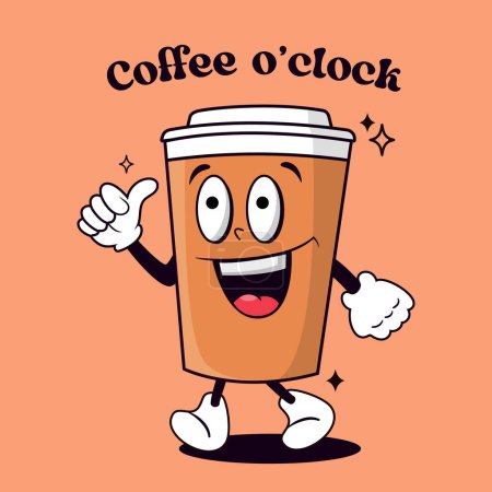 Cartoon groovy coffee cup with quote Coffee oclock, retro mascot character. Vector stock illustration. 