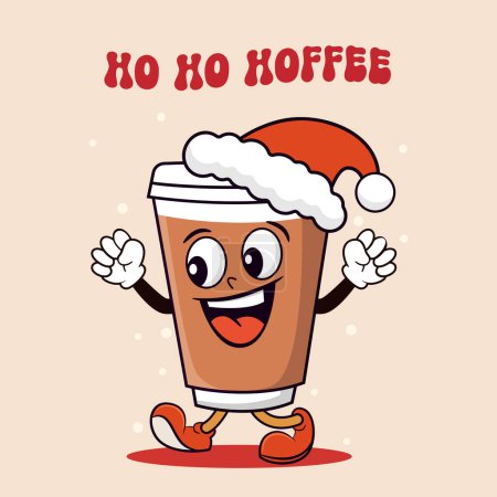 Cartoon coffee cup in santa hat with text HO HO HOFFEE, retro mascot character Vector stock illustration. 