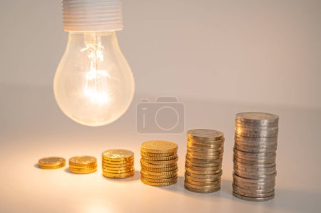Lit light bulb with coins beside it. Increase in energy tariffs. Efficiency and energy saving. 