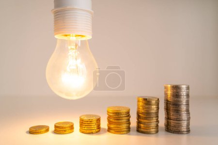 Lite la bombilla con monedas a su lado. Aumento de las tarifas energéticas. Eficiencia y ahorro de energía. 
