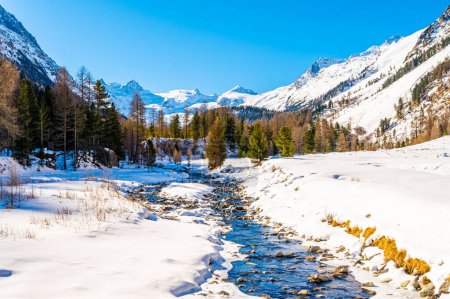 Téléchargez les photos : Val Roseg, in the Engadine, Switzerland, photographed on a sunny winter day. - en image libre de droit
