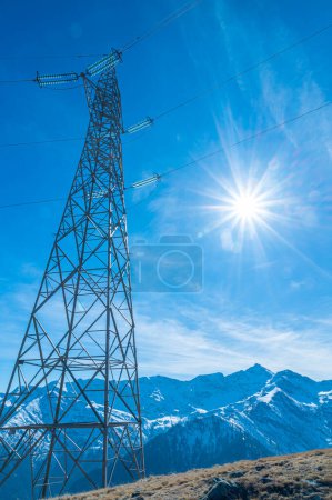 Photo for Electricity pylons, in a mountain place. Origin, transport and need for electricity. Environmental defacement. Eletricity grid. - Royalty Free Image