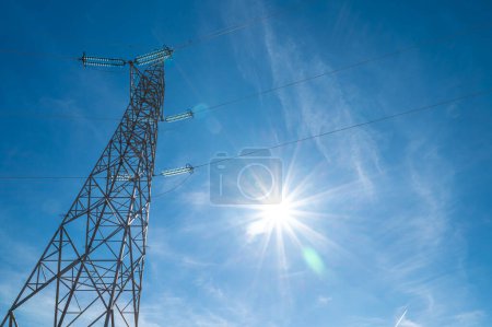 Photo for Electricity pylons, in a mountain place. Origin, transport and need for electricity. Environmental defacement. Eletricity grid. - Royalty Free Image