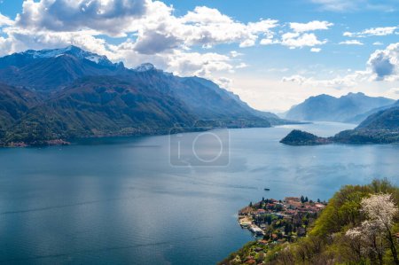 A view of Lake Como, photographed from San Rocco, with Bellagio, the mountains and the two branches of the lake.