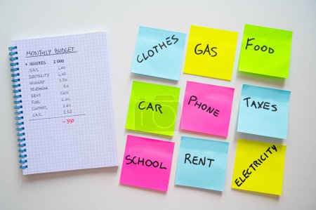 Photo for Notepad, with monthly expenses, and next to it a calculator and colored adhesive sheets with a list of expenses. Increases and cost of living. - Royalty Free Image