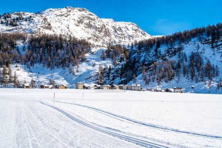 Téléchargez les photos : Le village d'Isola en hiver, sur le lac de Sils, Engadin, Suisse. - en image libre de droit