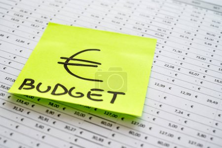 Cuadro con presupuesto, gastos, ingresos y billete con símbolo Euro.