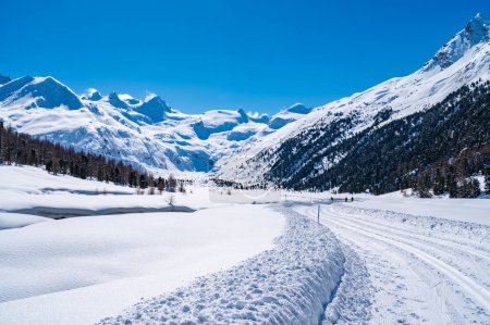 Val Roseg, en Engadine, Suisse, en hiver, avec pistes de ski de fond enneigées.