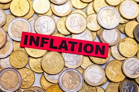 Photo for Background of Euro coins, and red ticket with text Inflation. - Royalty Free Image