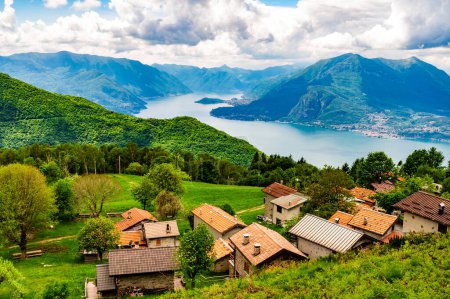 Panorama of Lake Como, with Tremezzina, Villa Balbianello, a glimpse of Lake Lugano, photographed from Alpe Camaggiore.