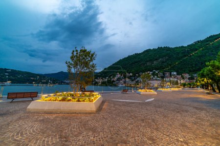 The new lakeside promenade of Como, photographed at dusk.