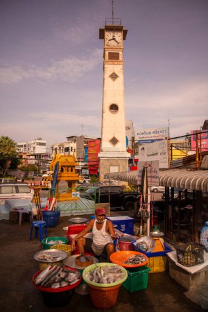 Photo for The square with the clock tower at the market in the City centre of Si Racha in the Province of Chonburi in Thailand,  Thailand, Siracha, November, 2022 - Royalty Free Image