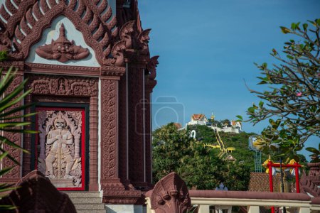 Photo for The City Pillar Shrine and he Hill with the Wat Thammikaram Worawihan or Wat Khao Chong Krajok on the Hill in the City of Phrachuap Khiri Khan in the Province of Prachuap Khiri Khan in Thailand,  Thailand, Prachuap Khiri Khan, December, 2022 - Royalty Free Image