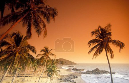 Téléchargez les photos : Un coucher de soleil à la plage avec paysage et côte à la ville de Vagator dans la province de Goa en Inde, Inde, Goa, avril 1996 - en image libre de droit