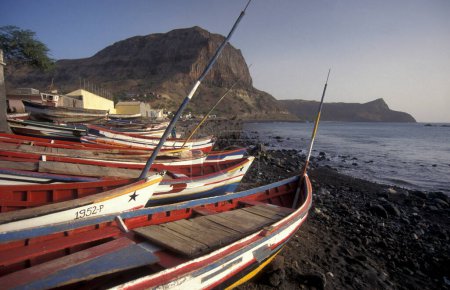 Photo for Fishing village and Fishing Boats at the Coast near the town of Ponta do Sol on the Island of Santo Antao on the Cape Verde Islands in Africa. Cape Verde, Santo Antao, May, 2000 - Royalty Free Image