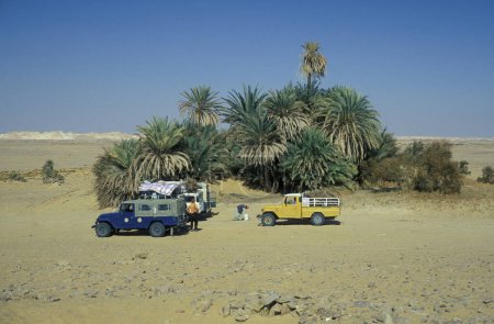 Téléchargez les photos : Une visite touristique avec des voitures sur une oasis dans le paysage et la nature dans le désert blanc près du village de Farafra dans le désert libyen ou occidental de l'Egypte en Afrique du Nord, Egypte, Farafra, Mars 2000 - en image libre de droit