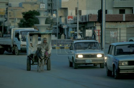 Foto de Un carro de caballos en el tráfico en la costa en la carretera al Corniche en la ciudad de Alejandría en el mar Mediterráneo en Egipto en el norte de África. Egipto, Alejandría, marzo de 2000 - Imagen libre de derechos