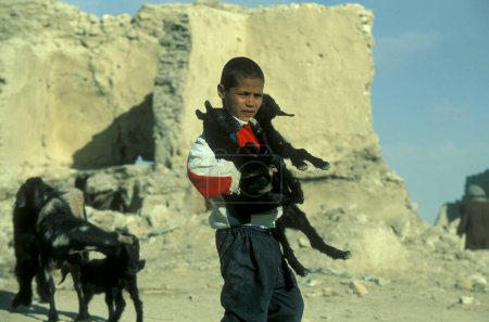 Foto de Un niño en la antigua aldea de Siwa, en el desierto libio o del desierto de Egipto, en el norte de África. Egipto, Siwa, marzo de 2000 - Imagen libre de derechos