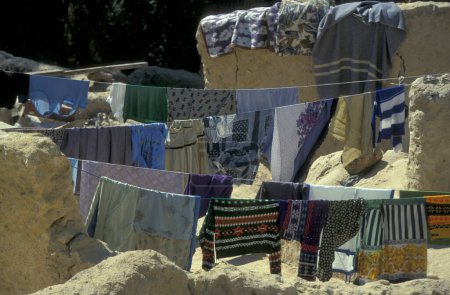 Téléchargez les photos : Blanchisserie dans une ligne de vêtements dans la ville et l'oasis de Farafra dans le désert libyen ou le désert d'Egypte en Afrique du Nord. Égypte, Farafra, mars 2000 - en image libre de droit