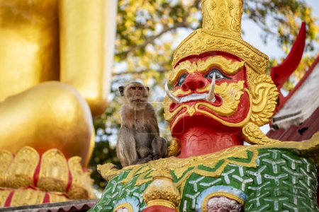 Foto de Un mono macaco se sienta en una figura en el Wat Khao Takiab en la colina Chpstick en la ciudad de khao Takiab al sur de la ciudad de Hua Hin en la provincia de Prachuap Khiri Khan en Tailandia, Tailandia, Hua Hin, diciembre de 2023 - Imagen libre de derechos