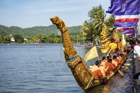 Photo for A traditional and decoratet Dragonboat or Longboat on the Lake Khao Tao at the Longboat race of Hua Hin on the Lake Khao Tao reservoir south of City of Hua Hin.  Thailand, Hua Hin, December, 2023 - Royalty Free Image