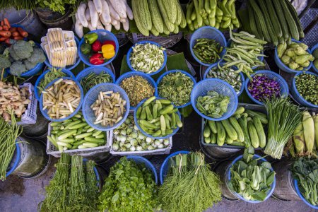 fresh Thai vegetable at the Food Market in the City and Province of Ratchaburi in Thailand,  Thailand, Ratchaburi, November, 14, 2023