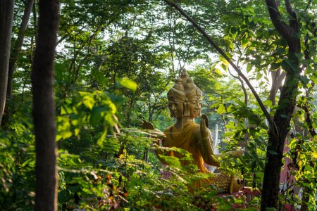 the Buddha statue in the forest at the Wat Tham Nimit in the city centre of Mueang Chonburi City in the Province of Chonburi in Thailand.  Thailand, Chonburi, October, 29, 2023