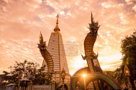 Photo for Thailand, Ubon Ratchathani -  November 24, 2023: Rainbow carve serpent surrounding Sri Maha Pho Chedi of Wat Phra That Nong Bua Temple in the city centre of Ubon Ratchathani and Province Ubon Ratchathani in Thailand. - Royalty Free Image