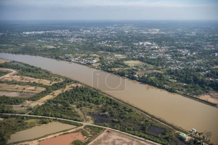 Aerial view of Mun river in the city centre of Udon Ratchathani City in Province of Ubon Ratchathani in Thailand.