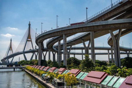 Bhumibol Bridge over Chao Phraya River in Town of Phra Pradaeng in Province Samut Prakan in Thailand at December 7, 2023 