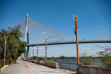 Photo for Bhumibol Bridge over Chao Phraya River in Town of Phra Pradaeng in Province Samut Prakan in Thailand at December 7, 2023 - Royalty Free Image