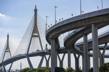 Bhumibol Bridge over Chao Phraya River in Town of Phra Pradaeng in Province Samut Prakan in Thailand at December 7, 2023 