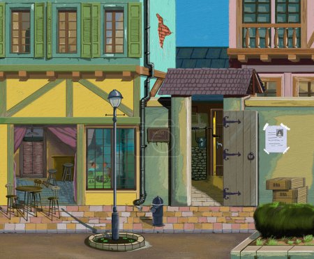 Téléchargez les photos : Peinture à l'huile belle rue, café, boutiques et restaurants - en image libre de droit