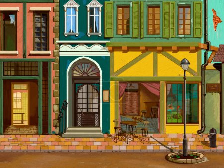 Téléchargez les photos : Oil painting beautiful street, coffee shop, shops and restaurants - en image libre de droit
